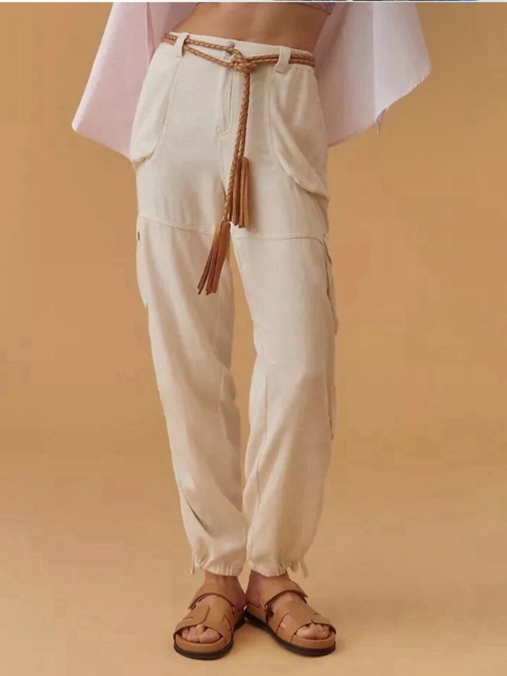 Anthropologie Linen Blend Beachy Cargo Wide Leg Ankle Tie Pants Utility Boho